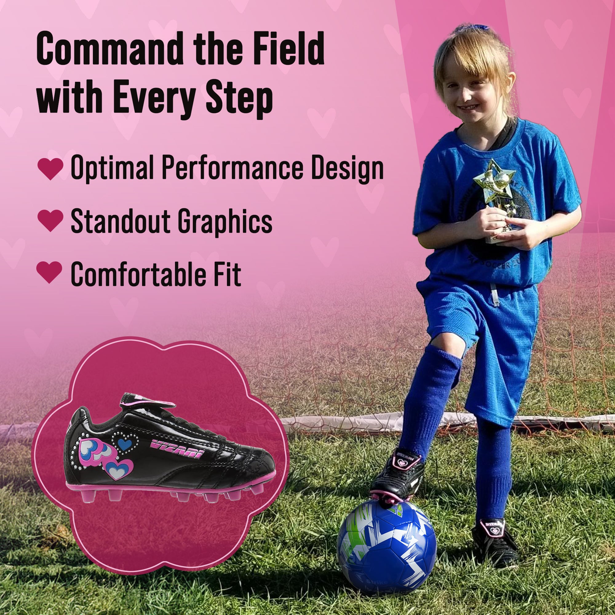 Shiny Retro Hearts Firm Ground Soccer Shoes -Black/Pink