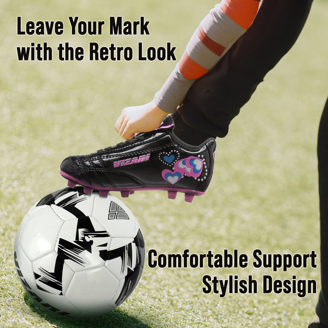 Shiny Retro Hearts Firm Ground Soccer Shoes -Black/Pink - Vizari Sports