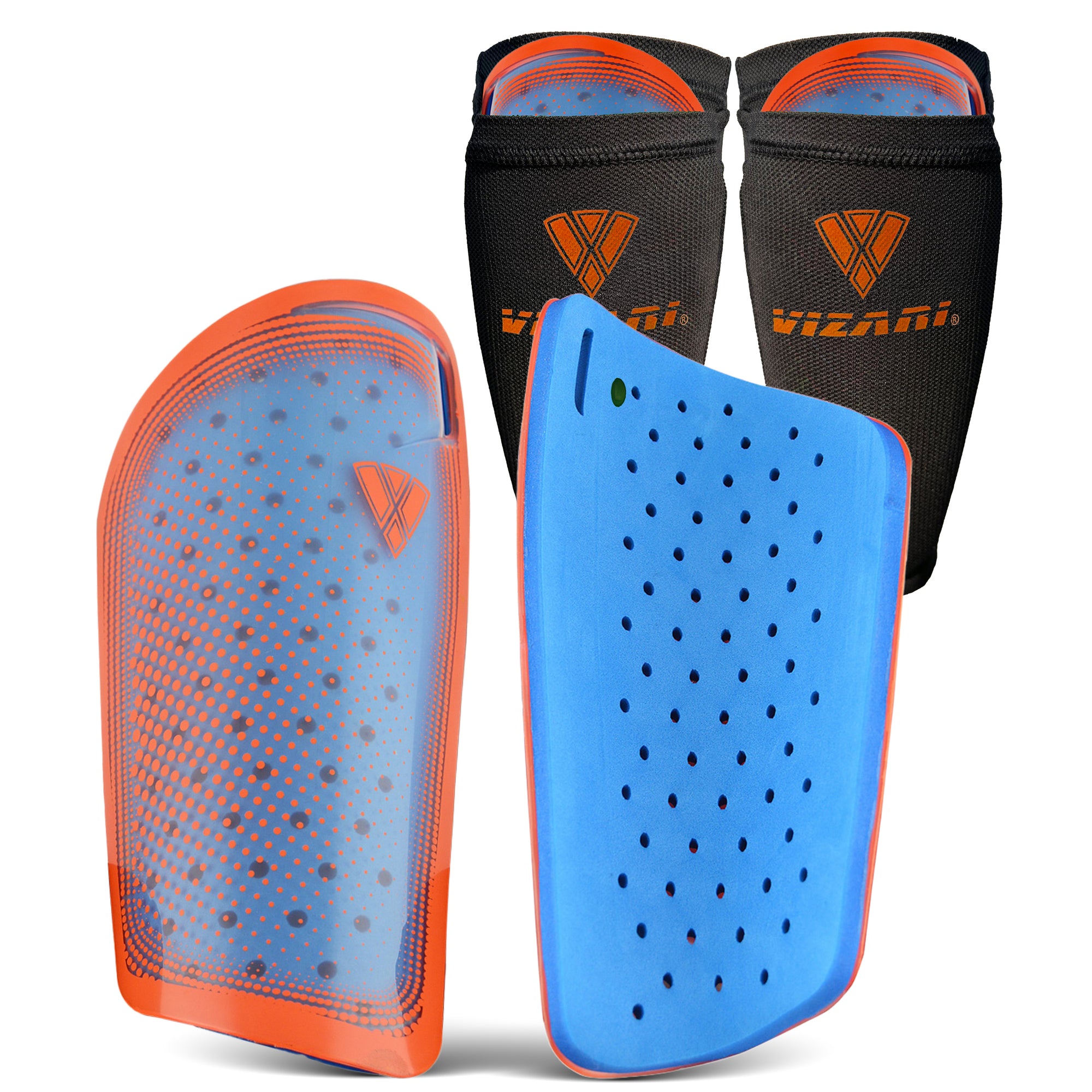 Atletico Soccer Shin Guard with Compression Pocket Sleeve - Orange/Blue - Vizari Sports