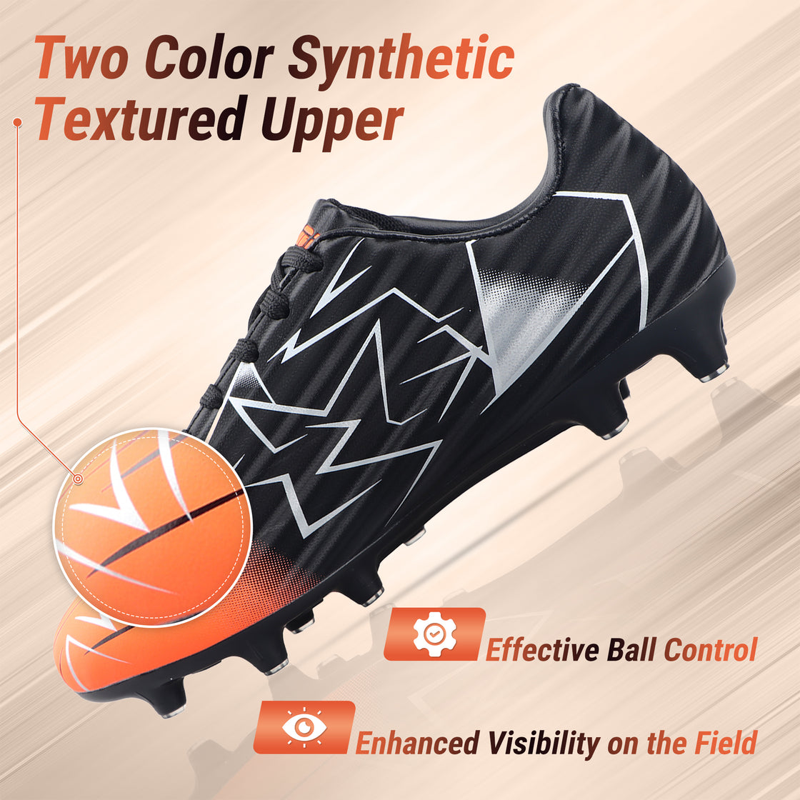 Lucia Junior Firm Ground Soccer Cleats - Black/Orange - Vizari Sports