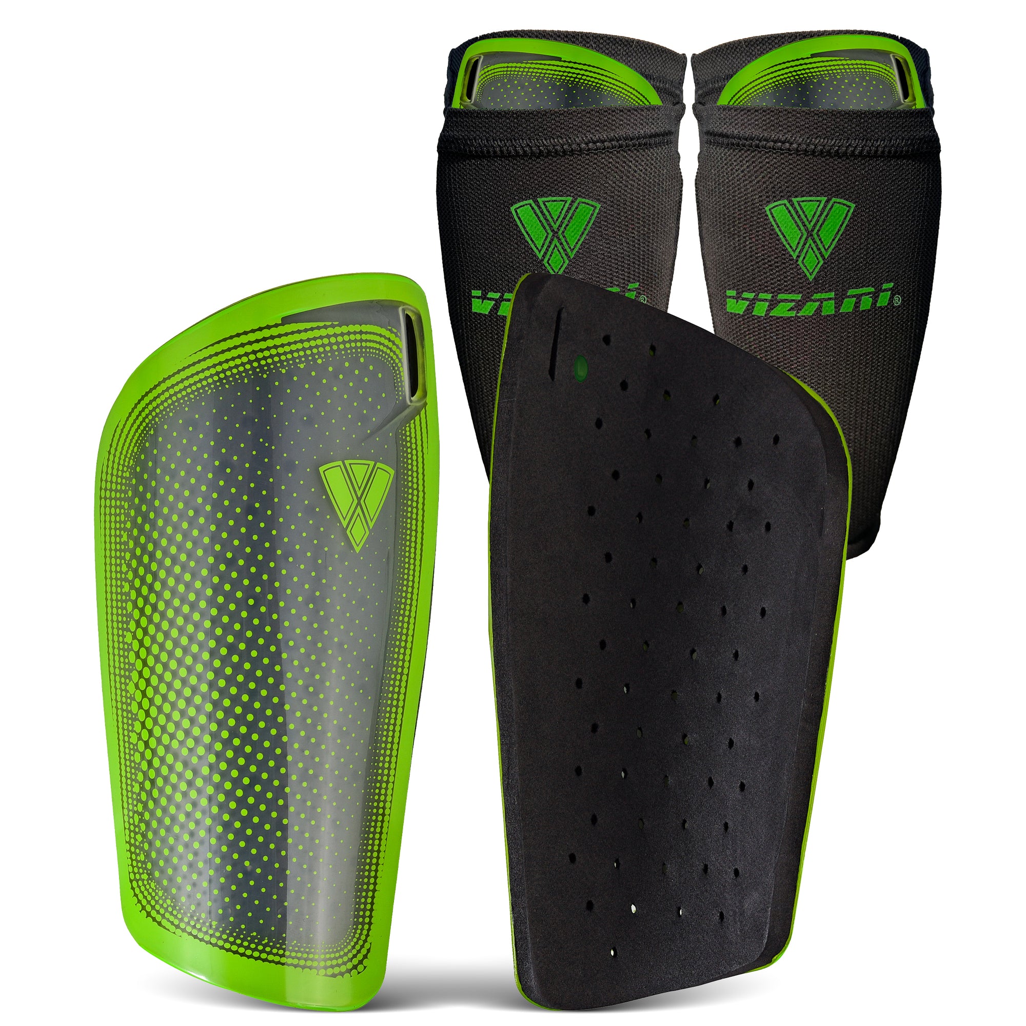 Atletico Soccer Shin Guard with Compression Pocket Sleeve - Green/Grey - Vizari Sports
