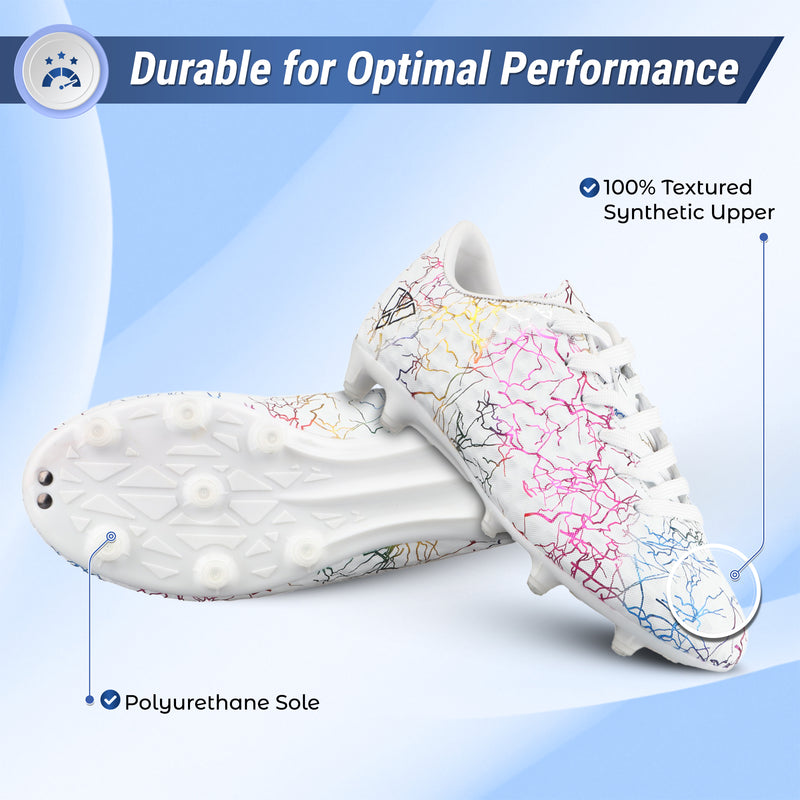Vizari Zodiac JR kids firm ground soccer cleat in white, heel and collar detail