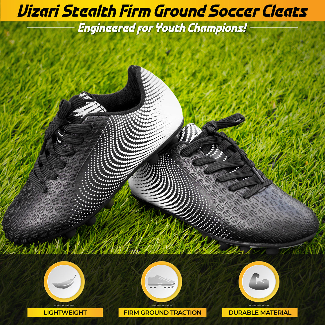 Youth Stealth Firm Ground Soccer Shoes -Black/White - Vizari Sports