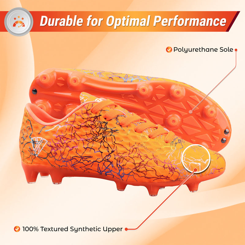 Vizari Zodiac JR kids firm ground soccer cleat in orange, heel and collar detail