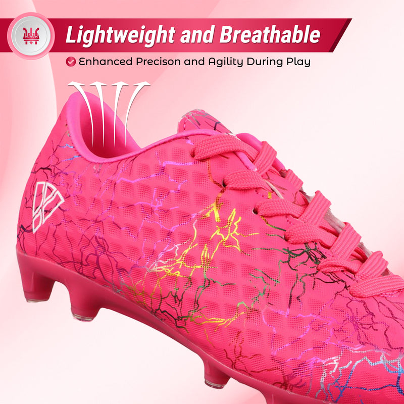 Vizari Zodiac JR kids firm ground soccer cleat in pink, heel and collar detail