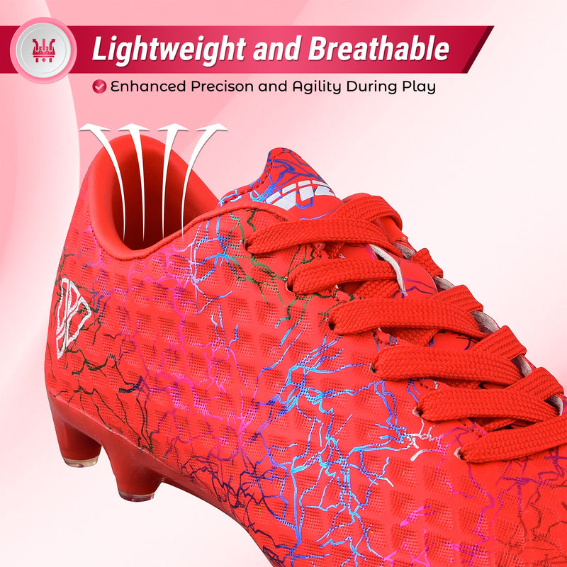 Close-up of the Vizari Zodiac JR textured synthetic upper in red with lace-up closure