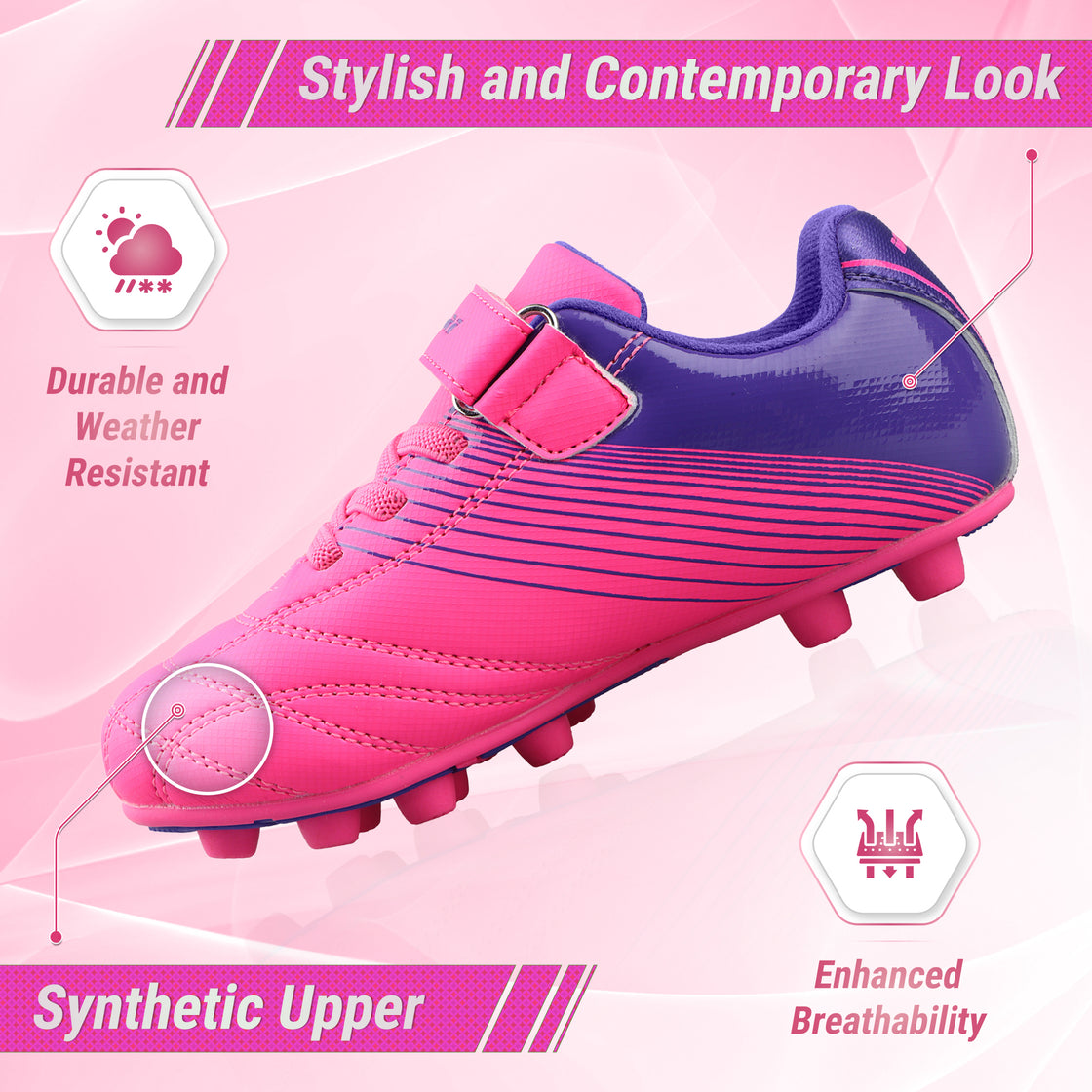Loma Velcro Firm Ground Soccer Cleats - PInk/Purple - Vizari Sports