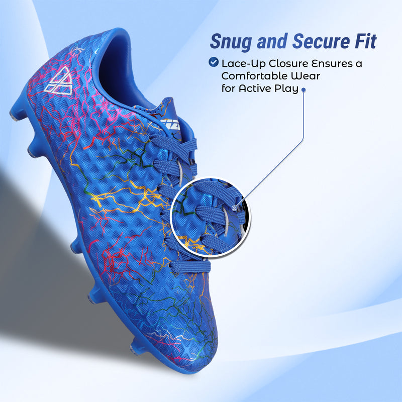 Vizari Zodiac JR kids firm ground soccer cleat in blue, heel and collar detail