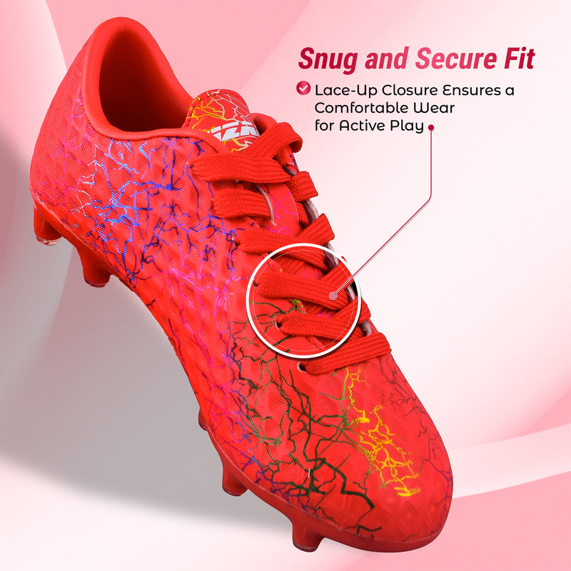 Vizari Zodiac JR kids firm ground soccer cleat in red, heel and collar detail