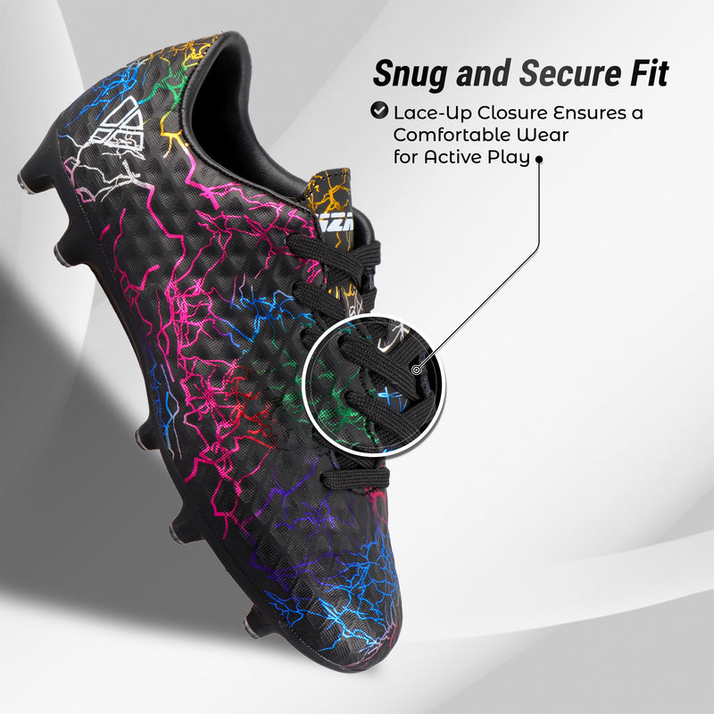 Close-up of the Vizari Zodiac JR textured synthetic upper in black with lace-up closure