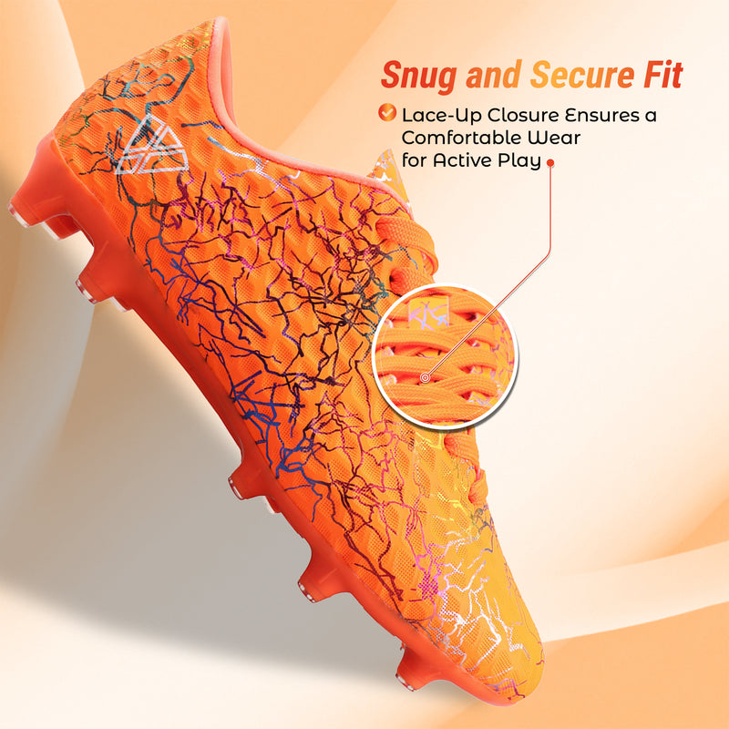 Close-up of the Vizari Zodiac JR textured synthetic upper in orange with lace-up closure
