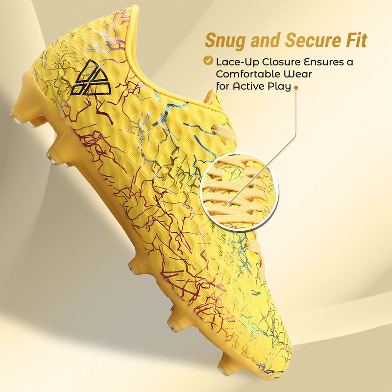 Close-up of the Vizari Zodiac JR textured synthetic upper in yellow with lace-up closure