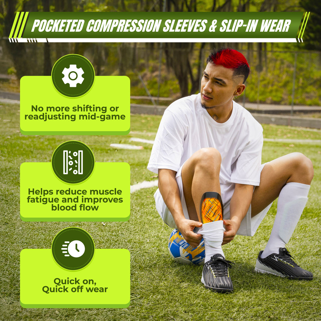 Soquel Soccer Slip in Shin Guard with Pocketed Sleeve-Orange/Black - Vizari Sports