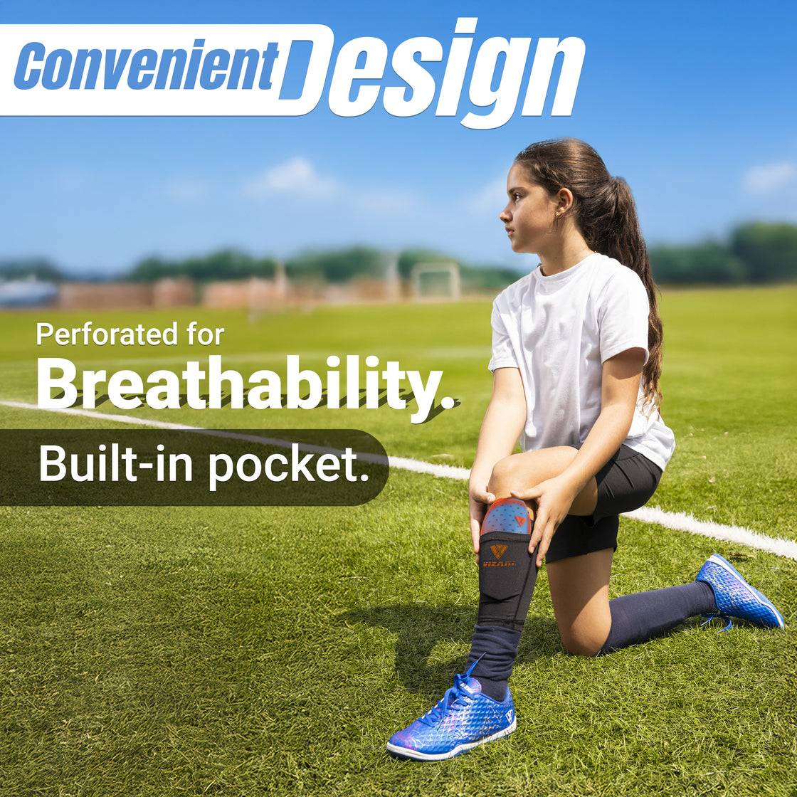 Atletico Soccer Shin Guard with Compression Pocket Sleeve - Orange/Blue - Vizari Sports