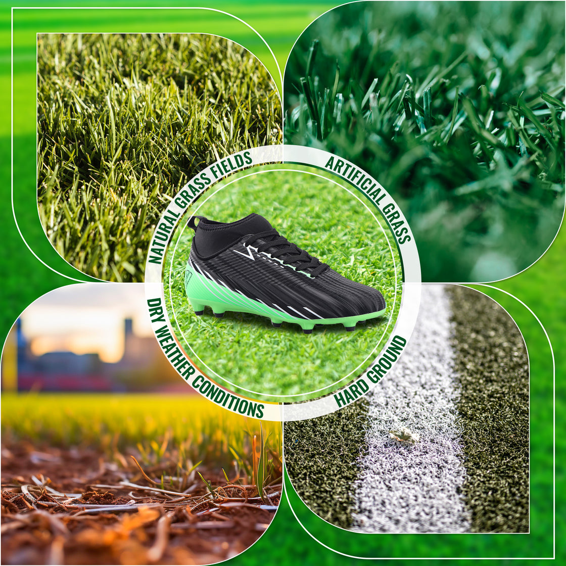 Tesoro Firm Ground Mid-Cut Soccer Shoes -Black/Green - Vizari Sports