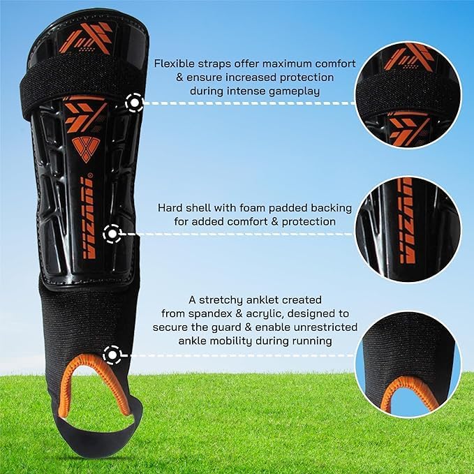Vizari Malaga Soccer Shin Guards – Lightweight Ankle Protection, Black/Neon Orange