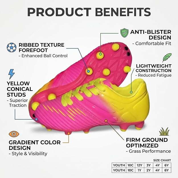 Vizari Liga Kids Firm Ground Soccer Cleats – Pink/Yellow