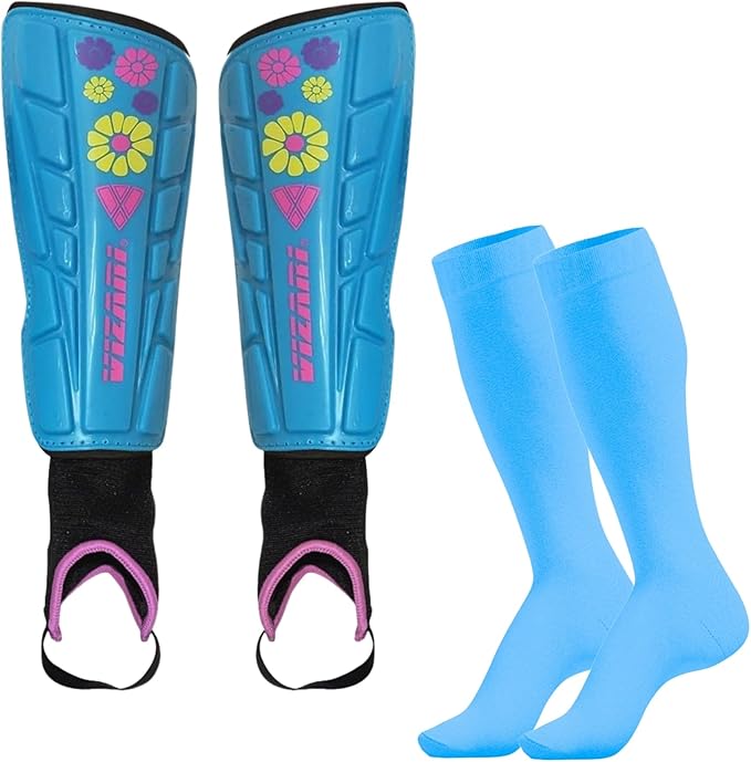 Blossom Soccer Shin Guards for Kids & Adult with One Pair of Socks - Blue - Vizari Sports
