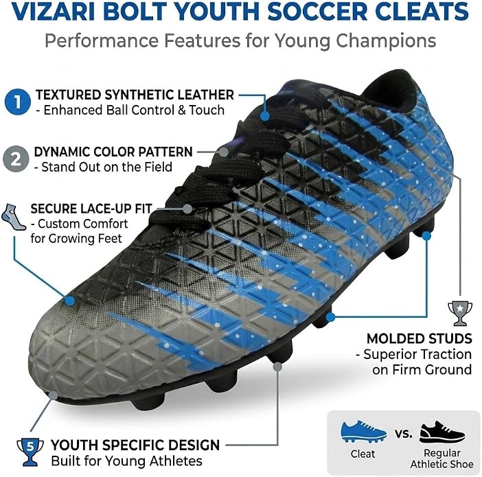 Vizari Bolt Youth Firm Ground Soccer Cleats - Black/Sky/Silver