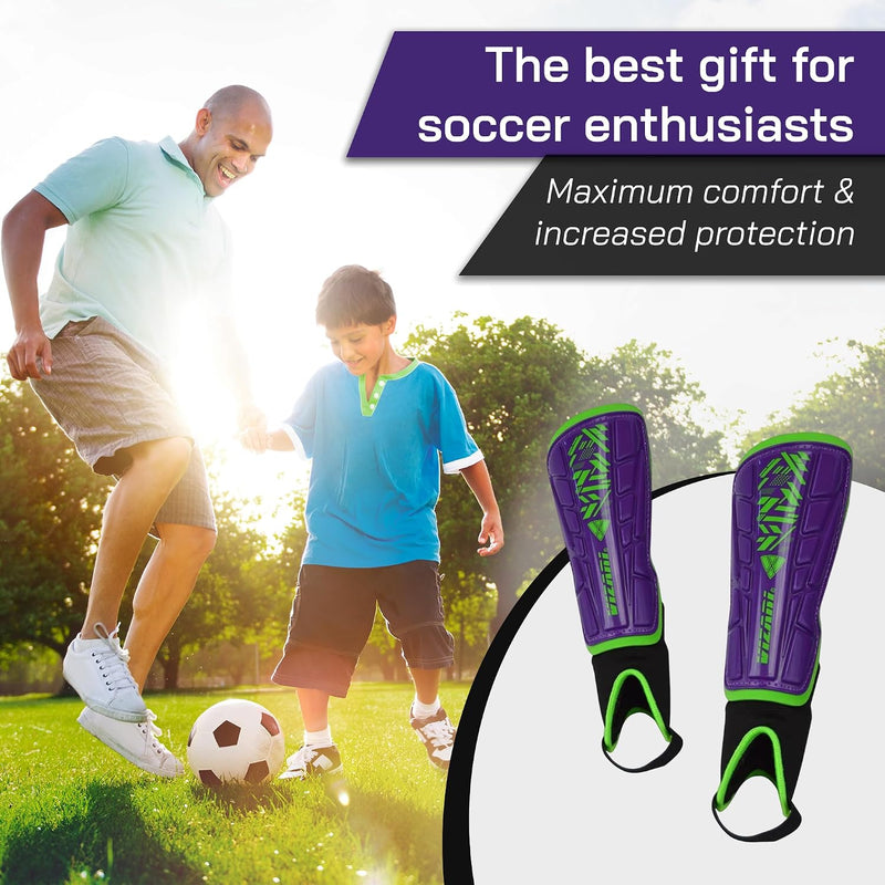 Vizari Malaga Soccer Shin Guards for Youth & Adults -Lightweight Ankle Protection – Purple/Green