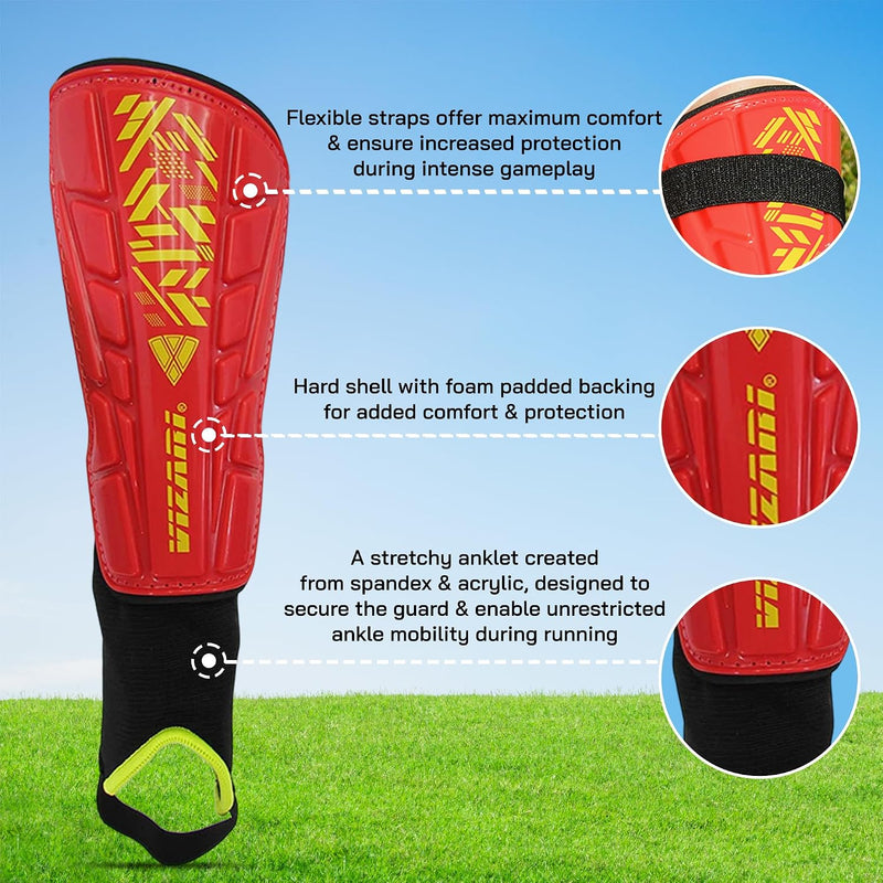 Vizari Malaga Soccer Shin Guards for Youth & Adults -Lightweight Ankle Protection – Red