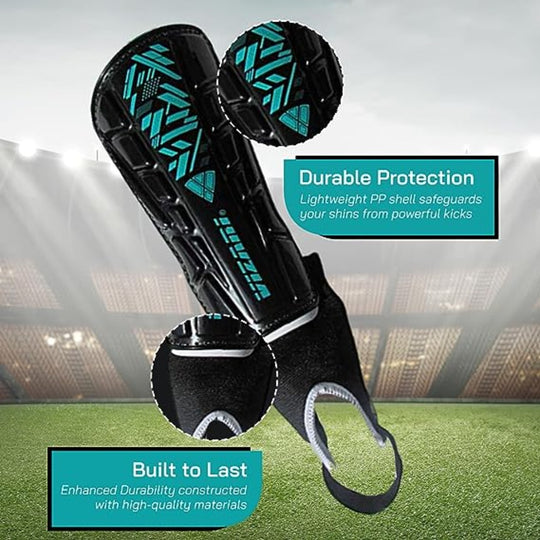 Malaga Soccer Shin Guard with Adjustable Straps-Black/Teal - Vizari Sports