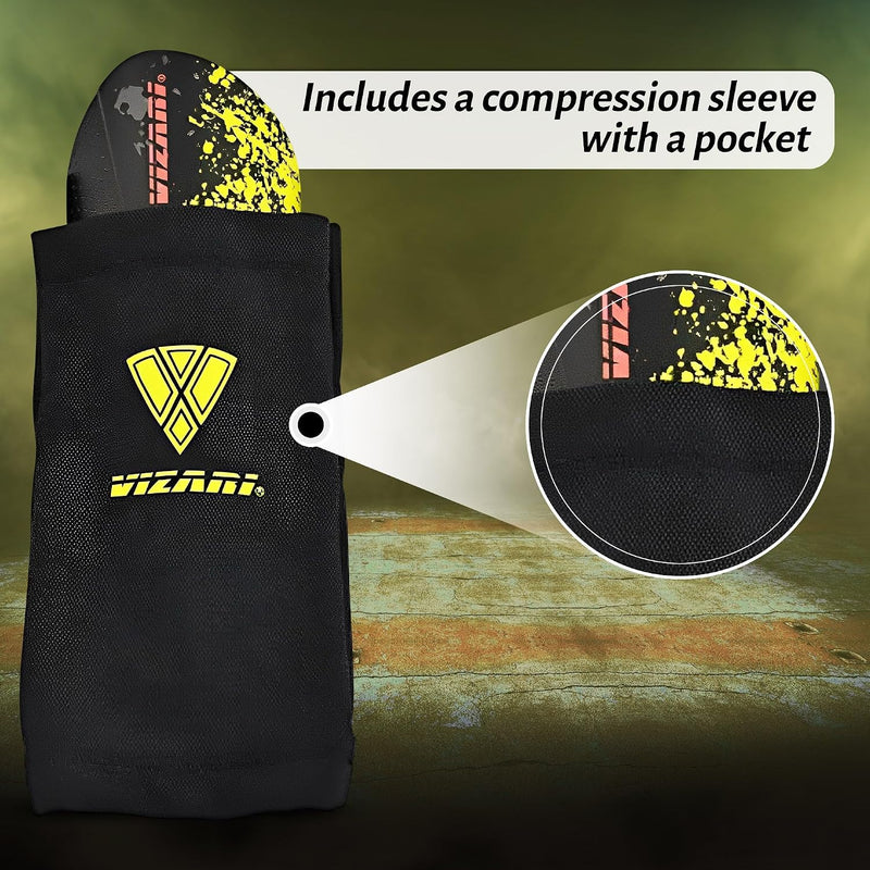 Vizari Sports Elite Soccer Shin Guard with Compression Sleeve, Black/Yellow/Red