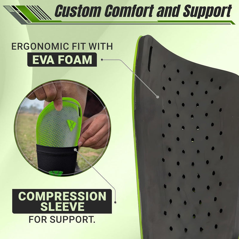 Vizari Atletico Soccer Shin Guards with Compression Pocket Sleeve – Green/Grey