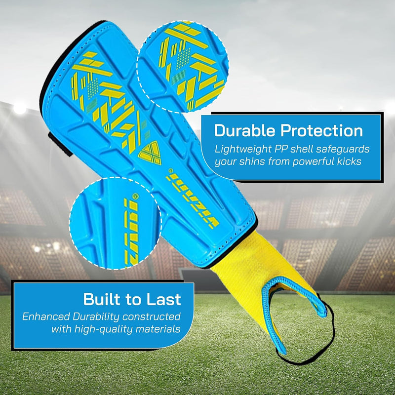 Vizari Malaga Soccer Shin Guards for Youth & Adults -Lightweight Ankle Protection – Sky/Yellow