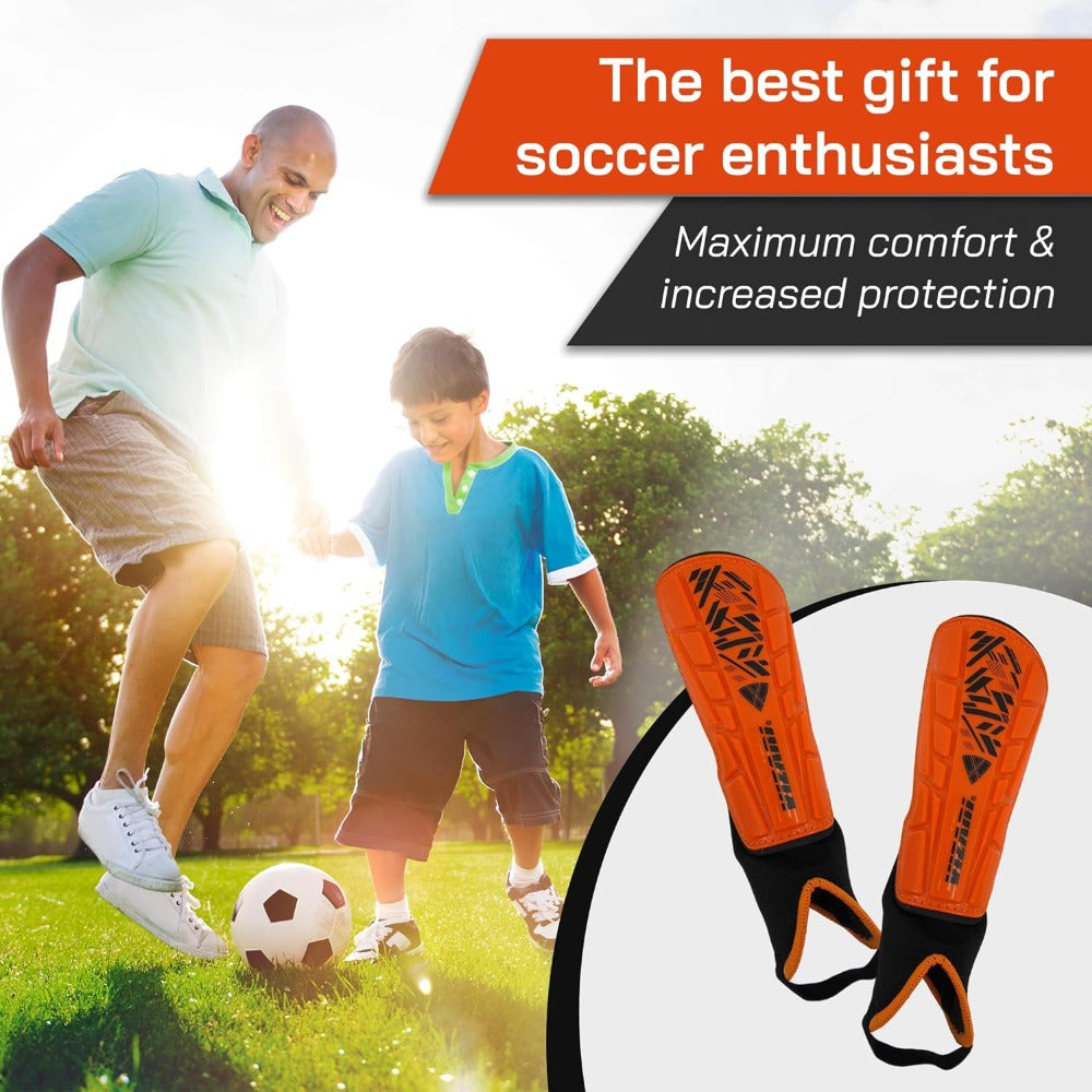 Malaga Soccer Shin Guard with Adjustable Straps-Orange/Black - Vizari Sports