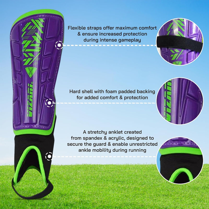 Vizari Malaga Soccer Shin Guards for Youth & Adults -Lightweight Ankle Protection – Purple/Green