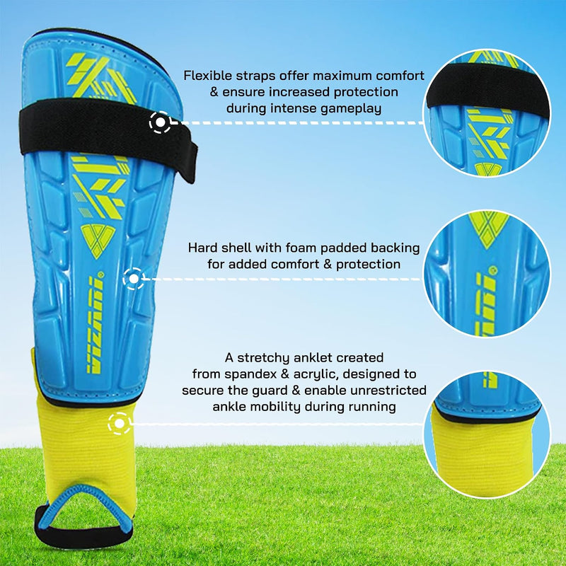 Vizari Malaga Soccer Shin Guards for Youth & Adults -Lightweight Ankle Protection – Sky/Yellow
