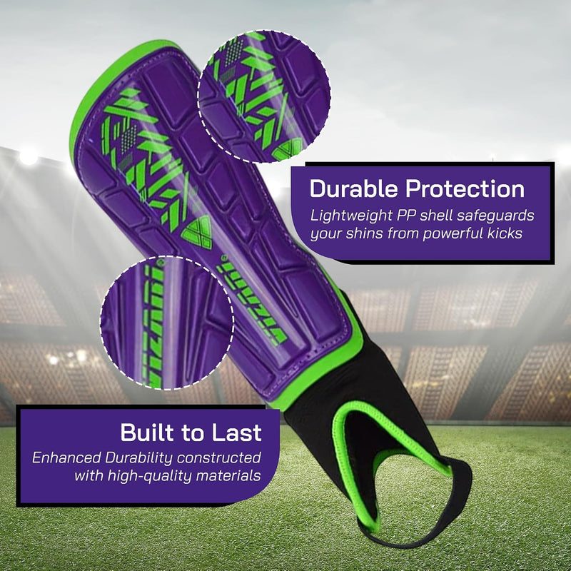 Vizari Malaga Soccer Shin Guards for Youth & Adults -Lightweight Ankle Protection – Purple/Green