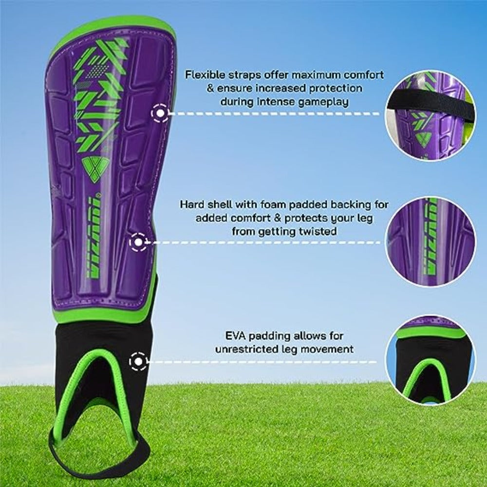 Malaga Soccer Shin Guard with Adjustable Straps-Purple/Green - Vizari Sports