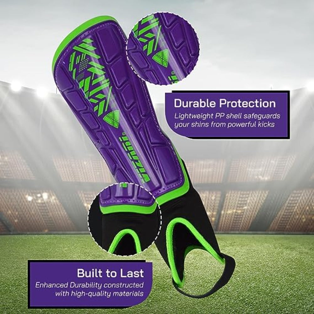 Malaga Soccer Shin Guard with Adjustable Straps-Purple/Green - Vizari Sports