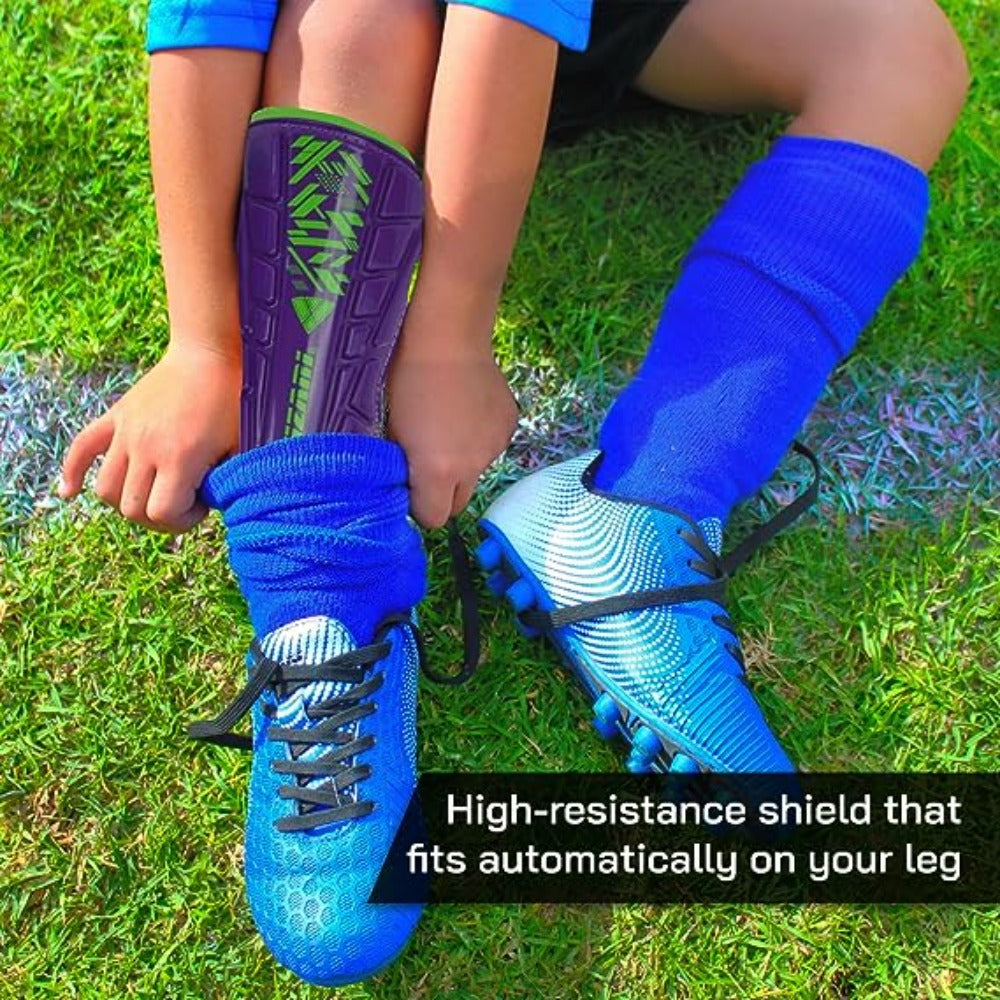 Malaga Soccer Shin Guard with Adjustable Straps-Purple/Green - Vizari Sports