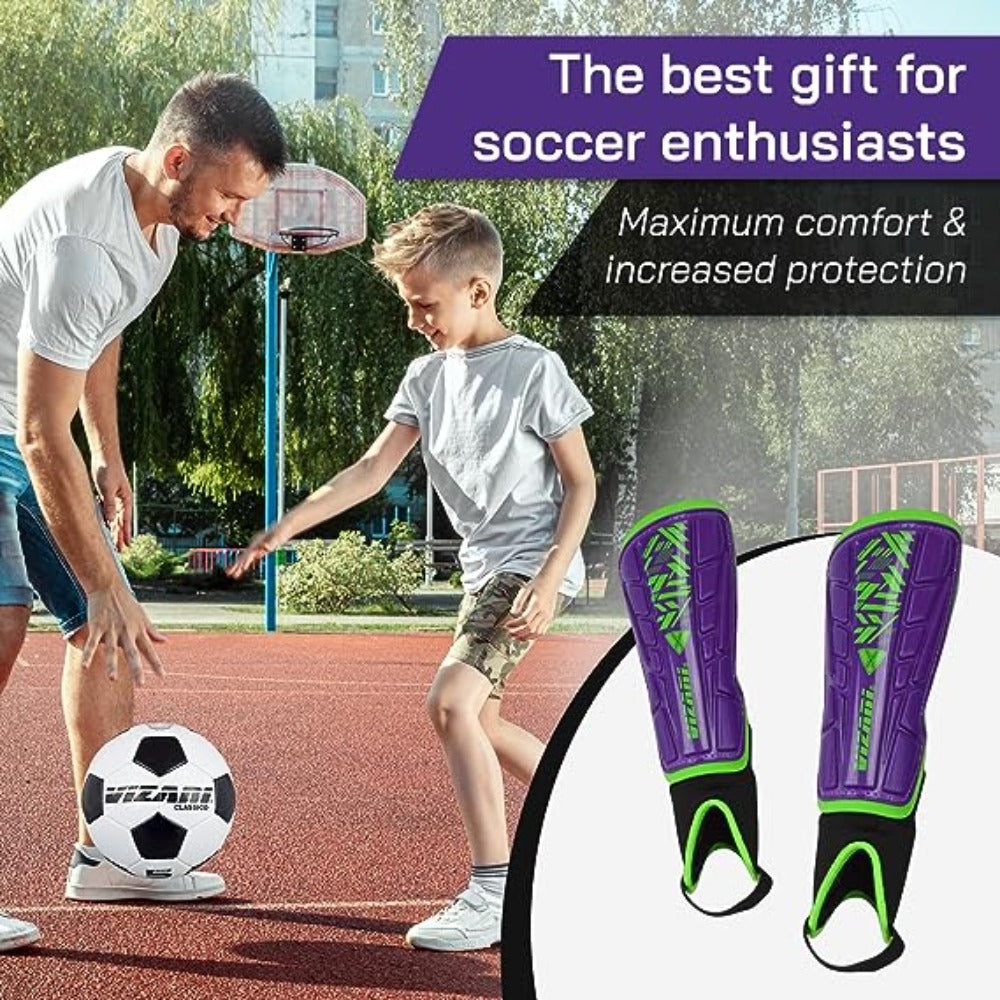 Malaga Soccer Shin Guard with Adjustable Straps-Purple/Green - Vizari Sports