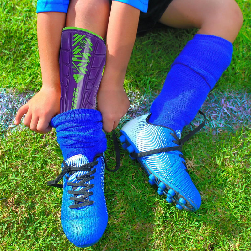 Vizari Malaga Soccer Shin Guards for Youth & Adults -Lightweight Ankle Protection – Purple/Green