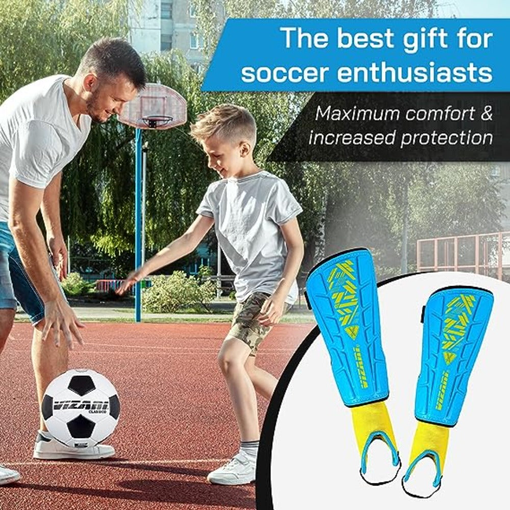 Malaga Soccer Shin Guard with Adjustable Straps-Sky/Yellow - Vizari Sports