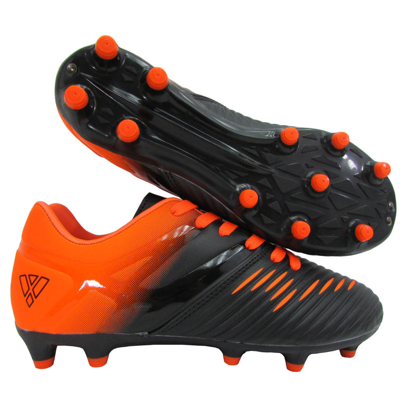 Pair of Vizari Liga kids firm ground soccer cleats in black and orange, priced under $30