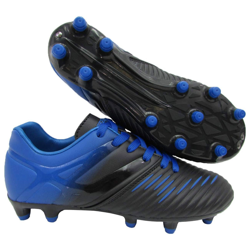 Pair of Vizari Liga kids firm ground soccer cleats in black and blue, priced under $30