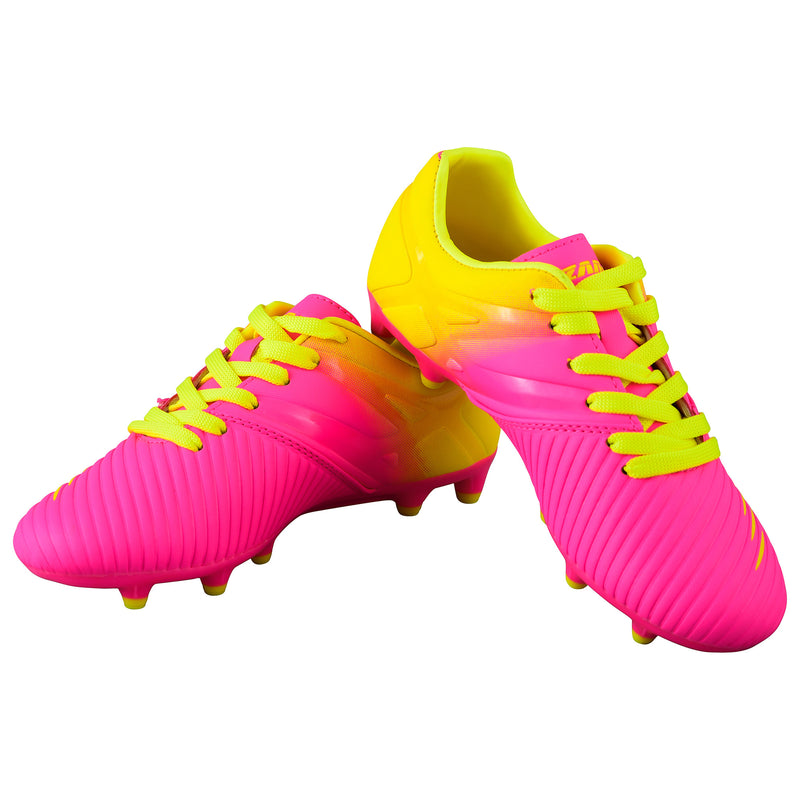 Pair of Vizari Liga kids firm ground soccer cleats in pink and yellow, priced under $30