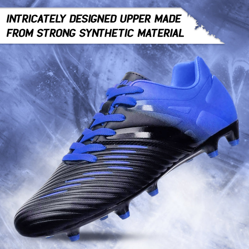 Vizari Liga kids firm ground soccer cleat side profile in black and blue