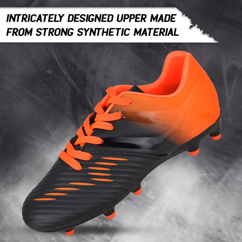 Vizari Liga kids firm ground soccer cleat side profile in black and orange