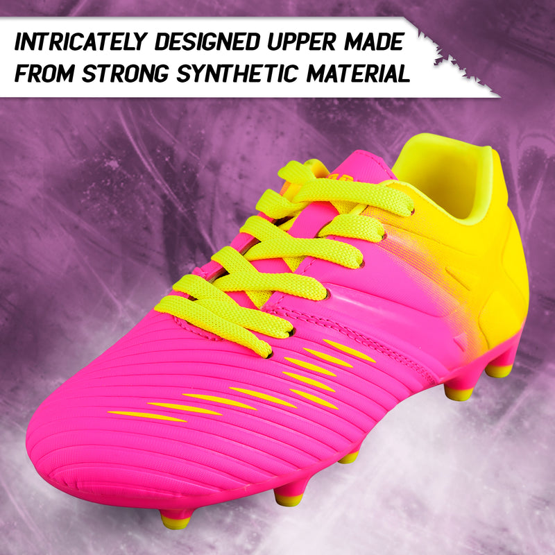 Vizari Liga kids firm ground soccer cleat side profile in pink and yellow