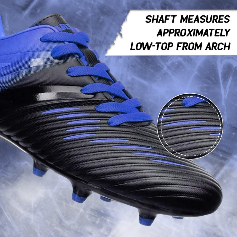 Close-up of the Vizari Liga stretch-resistant synthetic upper in black and blue with lace-up design