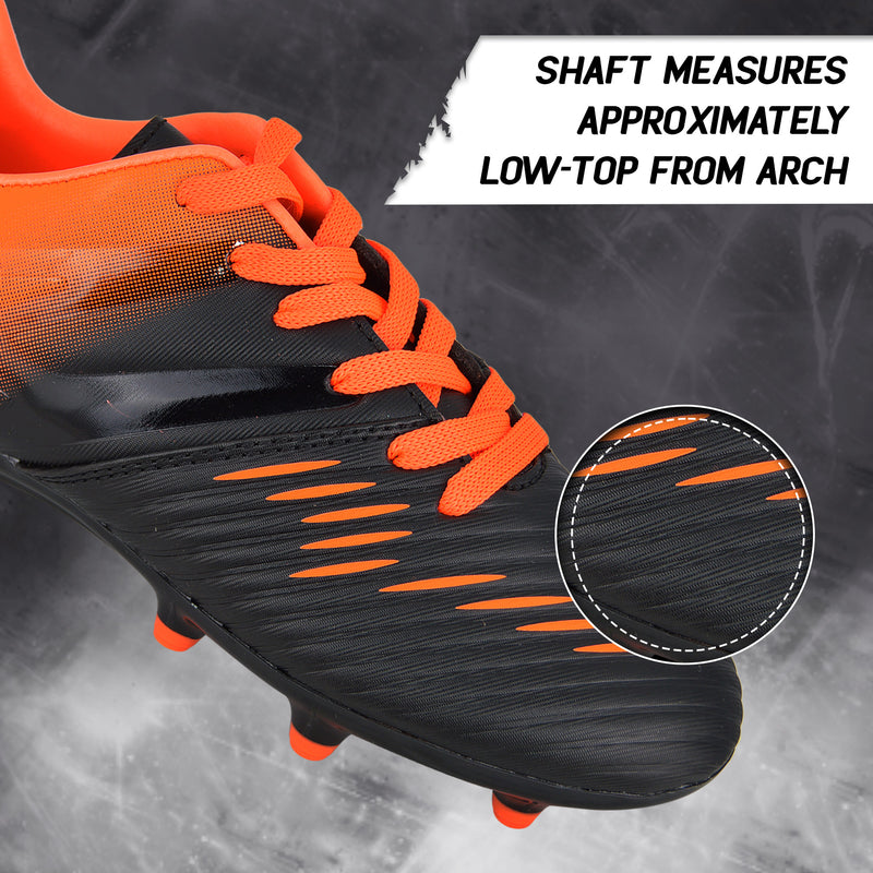 Close-up of the Vizari Liga stretch-resistant synthetic upper in black and orange with lace-up design