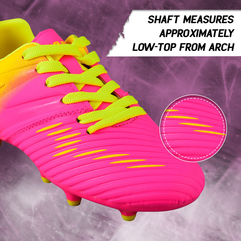 Close-up of the Vizari Liga stretch-resistant synthetic upper in pink and yellow with lace-up design