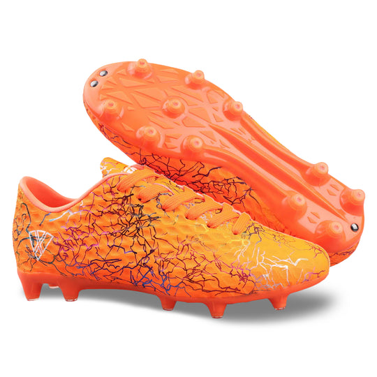 Vizari Zodiac JR kids firm ground soccer cleat in orange, side profile, youth sizes 8C-6Y