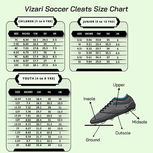 Bolt Firm Ground Kids Soccer Cleats - Black/White/Silver - Size Chart